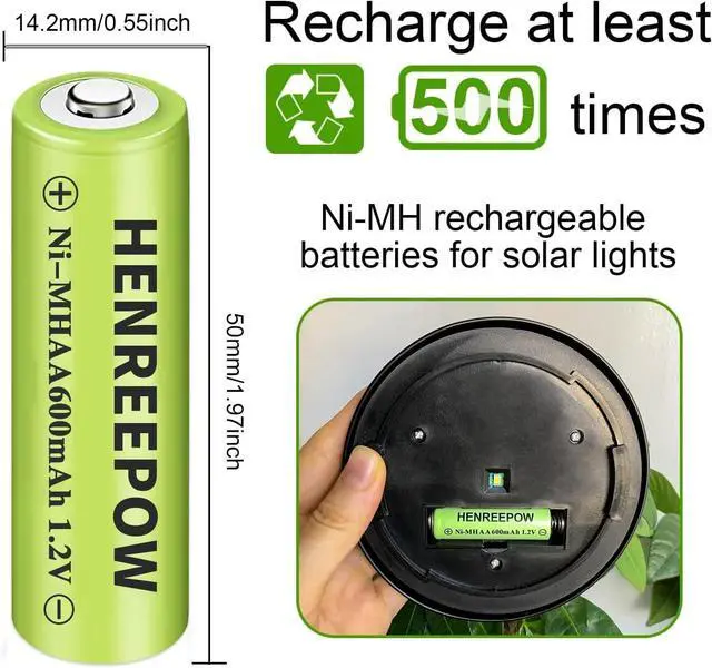 Alt view image 2 of 7 - Henreepow Ni-MH AA Rechargeable Batteries, Double A High Capacity 1.2V Pre-Charged for Garden Landscaping Outdoor Solar Lights, String Lights, Pathway Light (AA-600mAh-12pack)