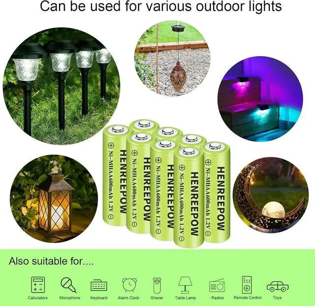 Alt view image 5 of 7 - Henreepow Ni-MH AA Rechargeable Batteries, Double A High Capacity 1.2V Pre-Charged for Garden Landscaping Outdoor Solar Lights, String Lights, Pathway Light (AA-600mAh-12pack)