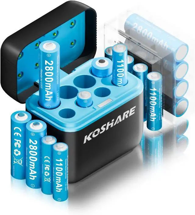 Main image of Rechargeable AA AAA Batteries with Charger,16Pcs 1.2V Ni-MH Rechargeable Batteries with 8 * 2800mAh AA and 8 * 1100 mAh AAA800 CyclesPre-ChargeType-C and 8 Slot Charger