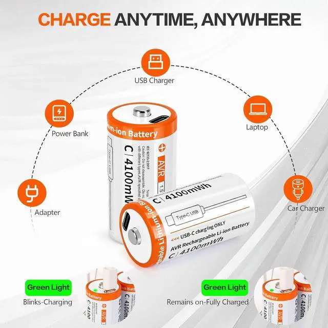 Alt view image 2 of 6 - Rechargeable C Batteries 4 Pack-Li-ion 1.5 V C Battery, High Capacity for Toys, Flashlights, Remote Controls