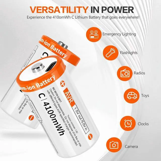 Alt view image 6 of 6 - Rechargeable C Batteries 4 Pack-Li-ion 1.5 V C Battery, High Capacity for Toys, Flashlights, Remote Controls