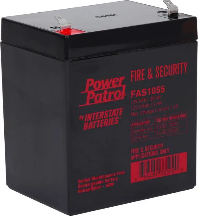 Main image of Interstate Batteries 12V 5Ah Fire & Security Battery - F1 Terminal, SLA AGM VRLA Power Patrol, Rechargeable Replacement for Fire Alarms, Locks, Security Systems (FAS1055)