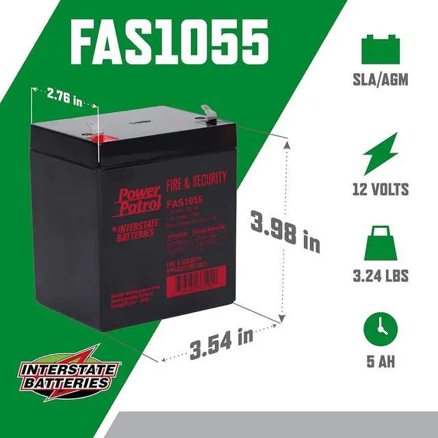 Alt view image 2 of 5 - Interstate Batteries 12V 5Ah Fire & Security Battery - F1 Terminal, SLA AGM VRLA Power Patrol, Rechargeable Replacement for Fire Alarms, Locks, Security Systems (FAS1055)