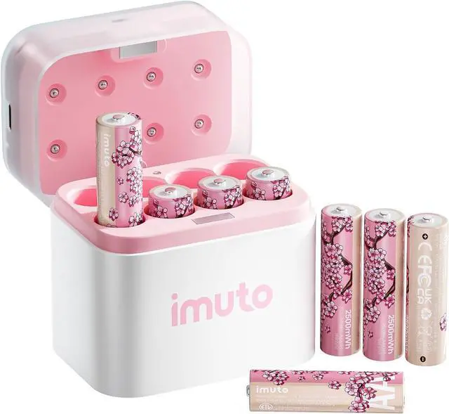 Main image of imuto Rechargeable aa Batteries with Charger, 2500mWh aa Lithium Batteries 8 Pack, 8 Slot Storage Box Style Lithium Doube a Battery Charger, 1.5V 2A Output, 1600+ Cycle LifeCherry Blossom Pattern