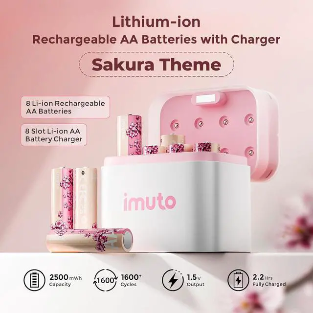 Alt view image 2 of 7 - imuto Rechargeable aa Batteries with Charger, 2500mWh aa Lithium Batteries 8 Pack, 8 Slot Storage Box Style Lithium Doube a Battery Charger, 1.5V 2A Output, 1600+ Cycle LifeCherry Blossom Pattern