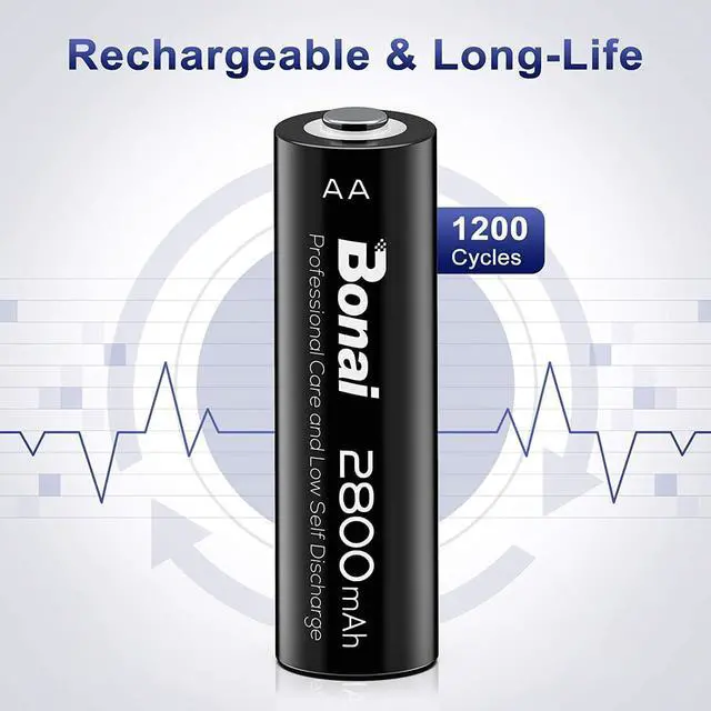 Alt view image 2 of 6 - BONAI Rechargeable AA Batteries 2800mAh High Capacity, Recharge up to 1200x Times, Pre-Charged, Low Self Discharge Ni-MH AA Battery-16 Count