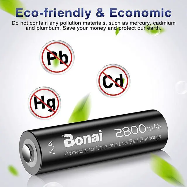 Alt view image 6 of 6 - BONAI Rechargeable AA Batteries 2800mAh High Capacity, Recharge up to 1200x Times, Pre-Charged, Low Self Discharge Ni-MH AA Battery-16 Count