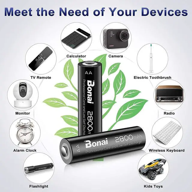 Alt view image 5 of 6 - BONAI Rechargeable AA Batteries 2800mAh High Capacity, Recharge up to 1200x Times, Pre-Charged, Low Self Discharge Ni-MH AA Battery-16 Count