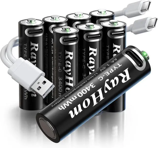 Main image of USB Rechargeable AA Lithium Batteries - 8 Pack Double A Li-ion Batteries, 1.5V 3400 mWh, Charges 1.5 Hours, with 2 USB-C 2-in-1 Charging Cable, Over 1000+ Cycles