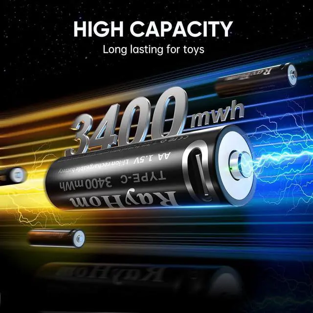 Alt view image 2 of 7 - USB Rechargeable AA Lithium Batteries - 8 Pack Double A Li-ion Batteries, 1.5V 3400 mWh, Charges 1.5 Hours, with 2 USB-C 2-in-1 Charging Cable, Over 1000+ Cycles