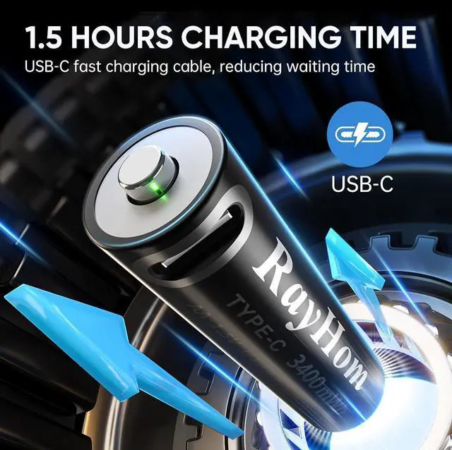 Alt view image 3 of 7 - USB Rechargeable AA Lithium Batteries - 8 Pack Double A Li-ion Batteries, 1.5V 3400 mWh, Charges 1.5 Hours, with 2 USB-C 2-in-1 Charging Cable, Over 1000+ Cycles