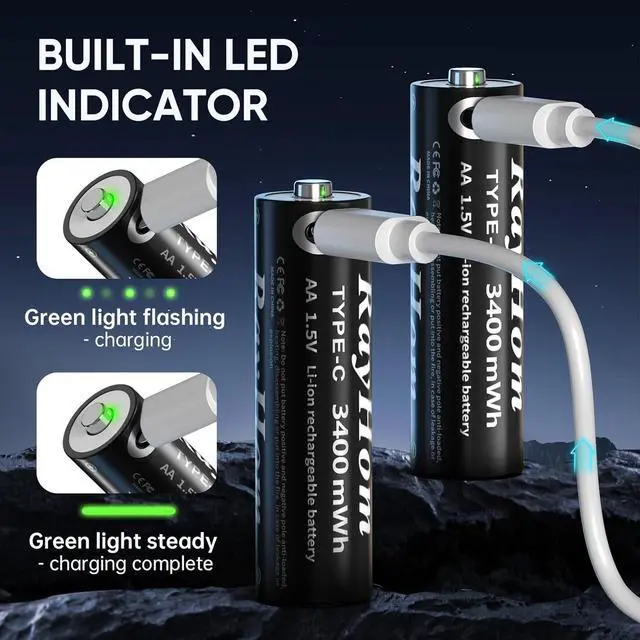 Alt view image 6 of 7 - USB Rechargeable AA Lithium Batteries - 8 Pack Double A Li-ion Batteries, 1.5V 3400 mWh, Charges 1.5 Hours, with 2 USB-C 2-in-1 Charging Cable, Over 1000+ Cycles