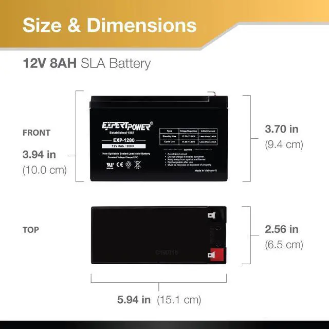 Alt view image 2 of 7 - ExpertPower® 12V 8AH Sealed Lead Acid (SLA) Battery Replacement for APC Back-UPS ES 550VA Back-UPS Pro 1300/1500 Liftmaster CSL-24VDC Slider Gate Opene - F2 Terminals