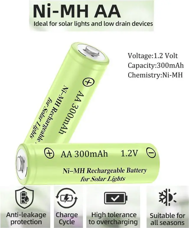Alt view image 4 of 7 - 12 Packs 1.2V AA 300mAh Ni-MH Rechargeable Batteries for Solar Lights (AA Size)
