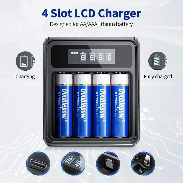 Alt view image 5 of 7 - Rechargeable AA Lithium Batteries 1.5V with Charger, 4 Bay Individual Battery Charger,Fast Charging,4 Pack
