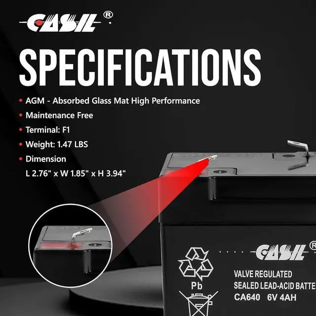 Alt view image 5 of 6 - Casil CA640 6V 4Ah Battery  Replacement for Lithonia ELB06042 Emergency Light Battery, ELB 06042  Compatible with Lithonia Exit Signs & Commercial Emergency Lighting Fixtures