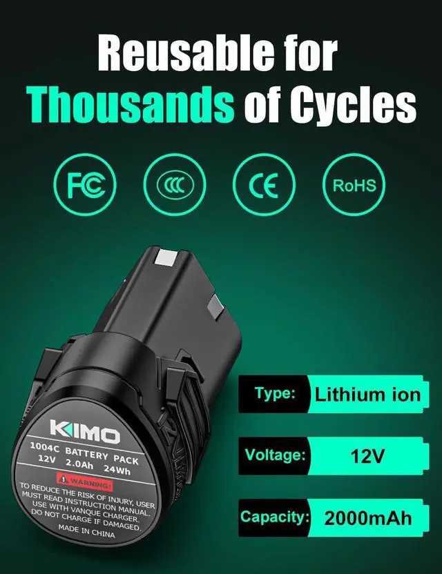Alt view image 4 of 6 - KIMO 2 Pack of 12V 2.0Ah Lithium-Ion Battery for KIMO 12V Ratchet Wrench, Brad Nailer, Drill Driver, Compatible with KIMO 12 Volt Power Tools