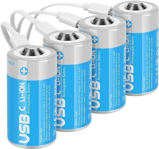Main image of Rechargeable Lithium C Batteries with 4 in 1 USB-C Charge Cable,4 Pack C Cell Li-ion Battries,LR14 1.5V C Size Cell Battery Replacement 4100mWh for Floodlight Toys(4 Pcs)