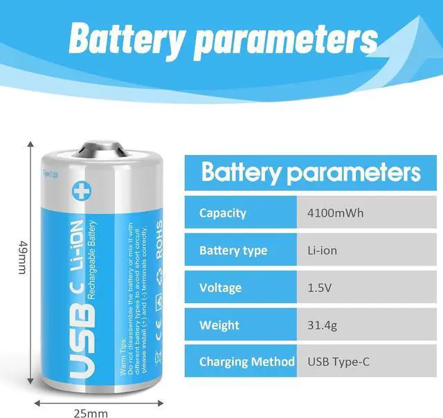 Alt view image 2 of 7 - Rechargeable Lithium C Batteries with 4 in 1 USB-C Charge Cable,4 Pack C Cell Li-ion Battries,LR14 1.5V C Size Cell Battery Replacement 4100mWh for Floodlight Toys(4 Pcs)