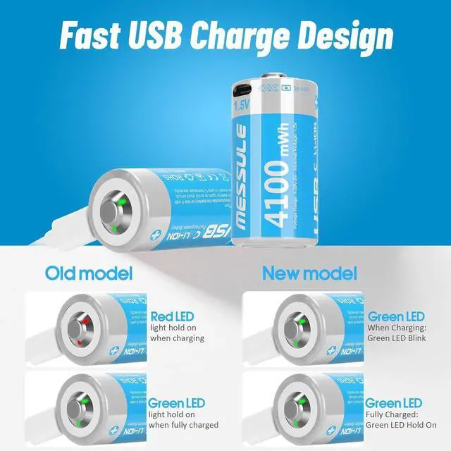 Alt view image 3 of 7 - Rechargeable Lithium C Batteries with 4 in 1 USB-C Charge Cable,4 Pack C Cell Li-ion Battries,LR14 1.5V C Size Cell Battery Replacement 4100mWh for Floodlight Toys(4 Pcs)