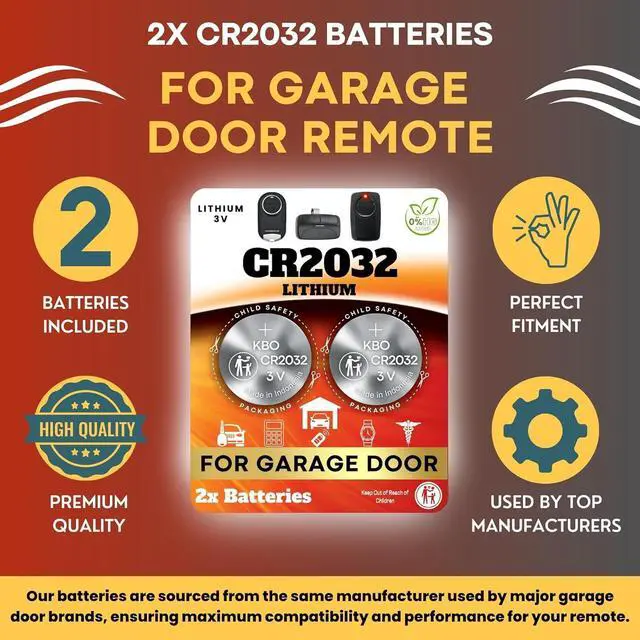 Alt view image 3 of 7 - Garage Door Opener Battery - 2 Pack CR2032 Button Lithium 3V | Replacement Power for Major Remotes, Keypads, Sensors
