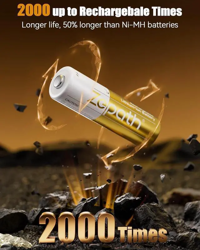 Alt view image 3 of 7 - Rechargeable AA Batteries Lithium 8 Pack,1.5V 3600mWh Lithium Battery AA,Constant Output Double a Li-ion Batteries up to 2000+ Cycles