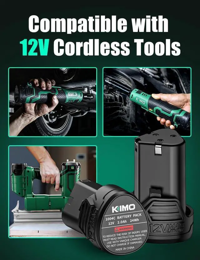 Alt view image 3 of 6 - KIMO 2 Pack of 12V 2.0Ah Lithium-Ion Battery for KIMO 12V Ratchet Wrench, Brad Nailer, Drill Driver, Compatible with KIMO 12 Volt Power Tools