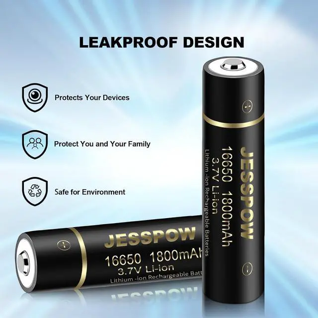 Alt view image 4 of 7 - JESSPOW 16650 Rechargeable Battery, 16650 Battery 1800mAh 3.7V Li-ion Rechargeable Battery with Button Top for Flashlights Torches - 2 Pack