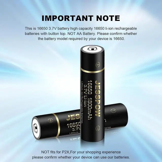 Alt view image 6 of 7 - JESSPOW 16650 Rechargeable Battery, 16650 Battery 1800mAh 3.7V Li-ion Rechargeable Battery with Button Top for Flashlights Torches - 2 Pack