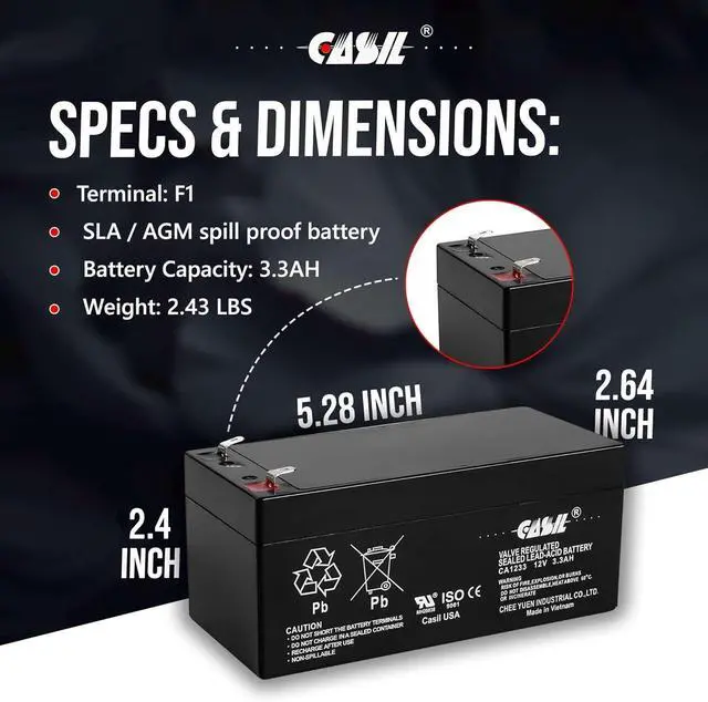 Alt view image 4 of 7 - Casil 12V 3.3Ah Rechargeable Sealed Lead Acid Replacement Battery for APC Back UPS ES 350