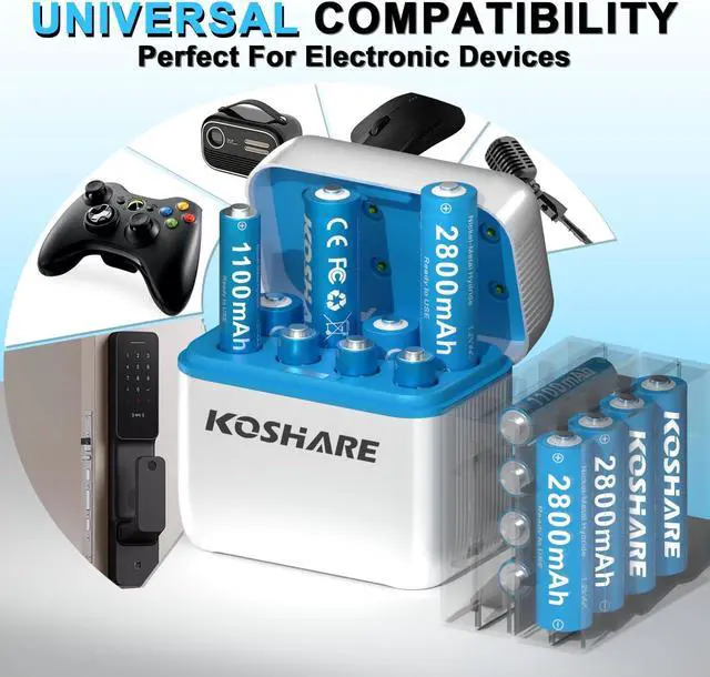 Alt view image 5 of 6 - Rechargeable AA AAA Batteries with Charger 16Pcs,1.2V Ni-MH Rechargeable Batteries with 8 * 2800mAh AA and 8 * 1100 mAh AAA,Pre-Charge,Type-C and 8 Slot Charger