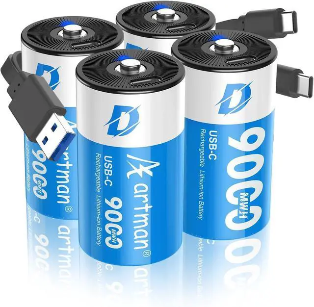 Main image of Artman Rechargeable Lithium D Batteries 4 Pack, 9000mWh Rechargeable Lithium-ion D Cell Battery with 2 in 1 USB-C Charging Cable, 1.5V Batteries D Size for Floodlight Toys, Water Heater, Gas Stove