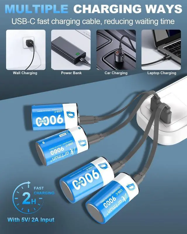 Alt view image 3 of 7 - Artman Rechargeable Lithium D Batteries 4 Pack, 9000mWh Rechargeable Lithium-ion D Cell Battery with 2 in 1 USB-C Charging Cable, 1.5V Batteries D Size for Floodlight Toys, Water Heater, Gas Stove