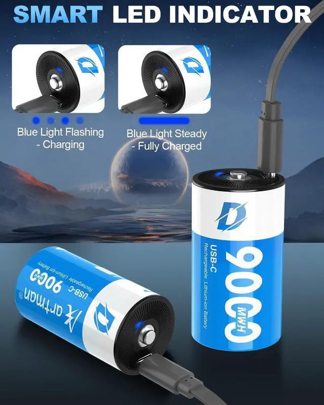Alt view image 5 of 7 - Artman Rechargeable Lithium D Batteries 4 Pack, 9000mWh Rechargeable Lithium-ion D Cell Battery with 2 in 1 USB-C Charging Cable, 1.5V Batteries D Size for Floodlight Toys, Water Heater, Gas Stove