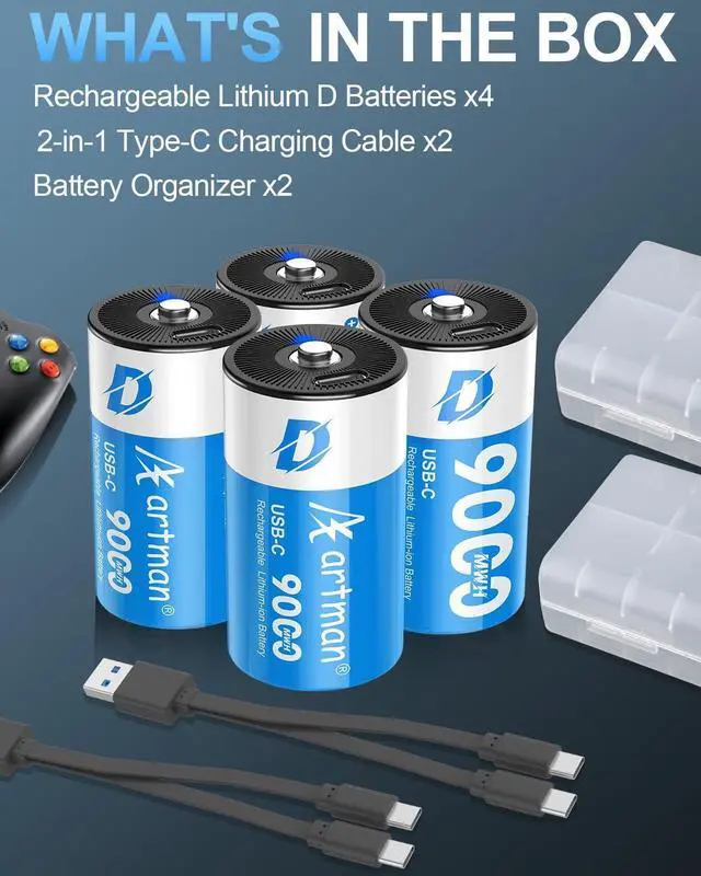 Alt view image 6 of 7 - Artman Rechargeable Lithium D Batteries 4 Pack, 9000mWh Rechargeable Lithium-ion D Cell Battery with 2 in 1 USB-C Charging Cable, 1.5V Batteries D Size for Floodlight Toys, Water Heater, Gas Stove