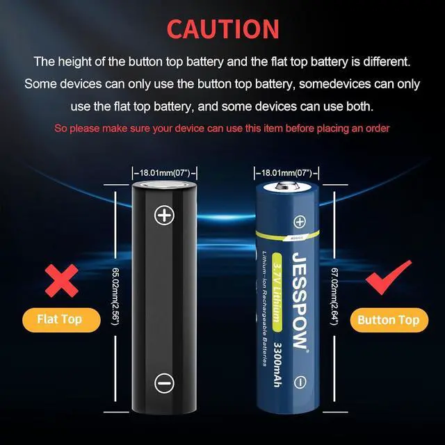 Alt view image 3 of 7 - JESSPOW 4 Pack 3.7 Volt Button Top 18650 Rechargeable Batteries,Lithium Battery 3300mAh for Flashlights, Headlamps, Doorbells, RC Cars,Outdoor Garden Lights