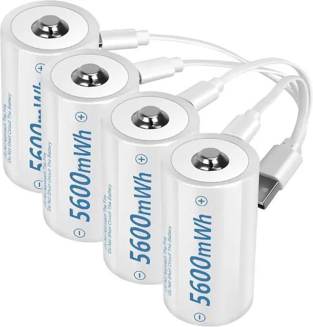 Main image of Rechargeable Lithium D Batteries with 4 in 1 USB-C Charging Cable,1.5V D Size Cell Battery 5600mWh for Flashlight Toys & floodlight (4 Pack)
