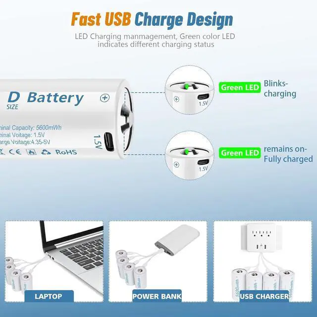 Alt view image 2 of 7 - Rechargeable Lithium D Batteries with 4 in 1 USB-C Charging Cable,1.5V D Size Cell Battery 5600mWh for Flashlight Toys & floodlight (4 Pack)