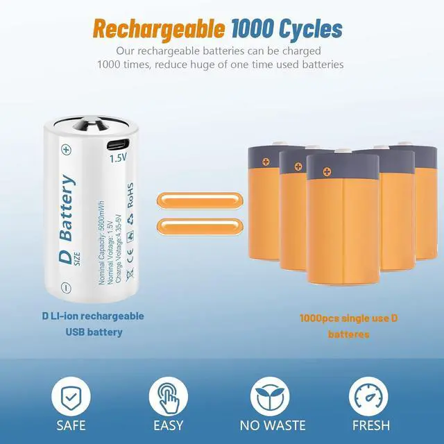 Alt view image 3 of 7 - Rechargeable Lithium D Batteries with 4 in 1 USB-C Charging Cable,1.5V D Size Cell Battery 5600mWh for Flashlight Toys & floodlight (4 Pack)