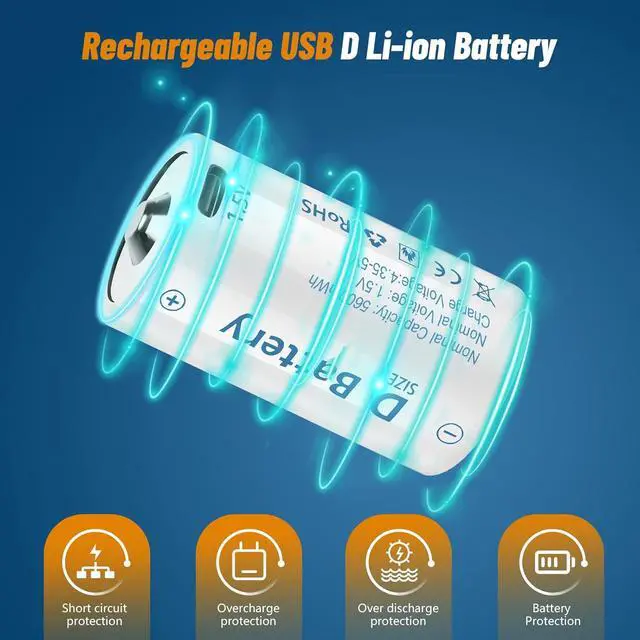 Alt view image 4 of 7 - Rechargeable Lithium D Batteries with 4 in 1 USB-C Charging Cable,1.5V D Size Cell Battery 5600mWh for Flashlight Toys & floodlight (4 Pack)