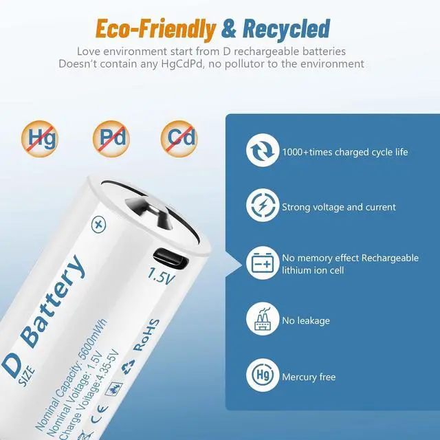 Alt view image 5 of 7 - Rechargeable Lithium D Batteries with 4 in 1 USB-C Charging Cable,1.5V D Size Cell Battery 5600mWh for Flashlight Toys & floodlight (4 Pack)
