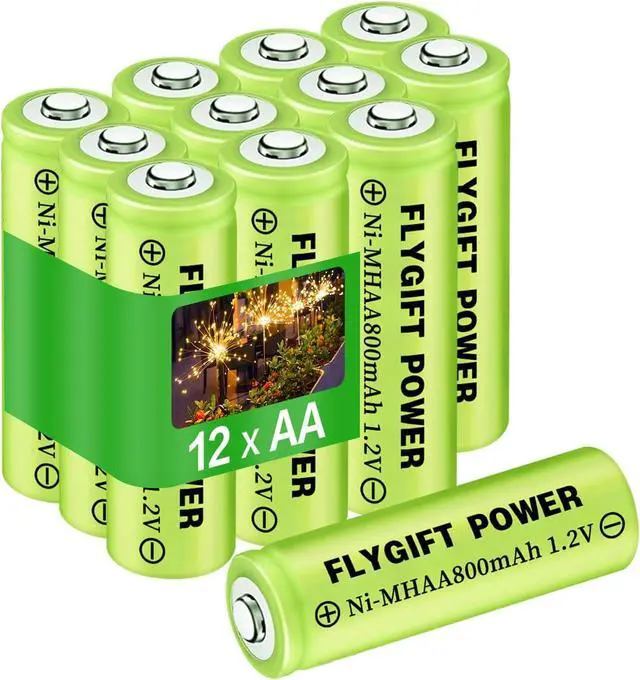 Main image of FlyGift AA Rechargeable Batteries 800mAh Ni-MH Double A 1.2V High Capacity Precharged Solar Batteries for Garden Lights, Landscape Outdoor Solar Lights, Pack of 12
