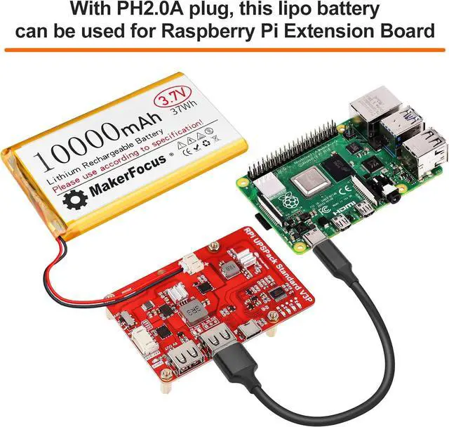 Alt view image 3 of 7 - MakerFocus 1pcs 3.7V 10000mAh Lithium Polymer Rechargeable Battery with Integrated Protective Board, Insulation Coating and PH2.0 Plug for Raspberry Pi Battery Pack UPS and Other