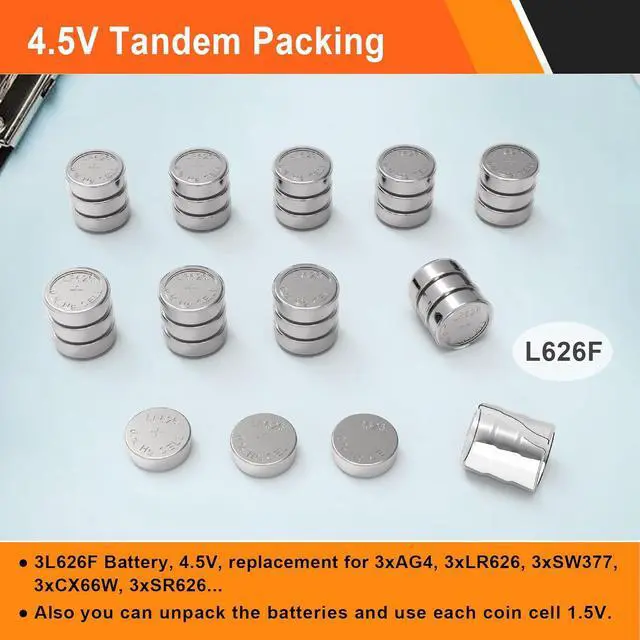 Alt view image 4 of 5 - Button Cell Batteries (L736 & LR626)  30 Count (10 x 3-Pack) 4.5V for Laser Boresighter, Training Cartridge, Toys, LED Flashlight  AG3/LR41/L626F/377/392/384/CX66W Replacement