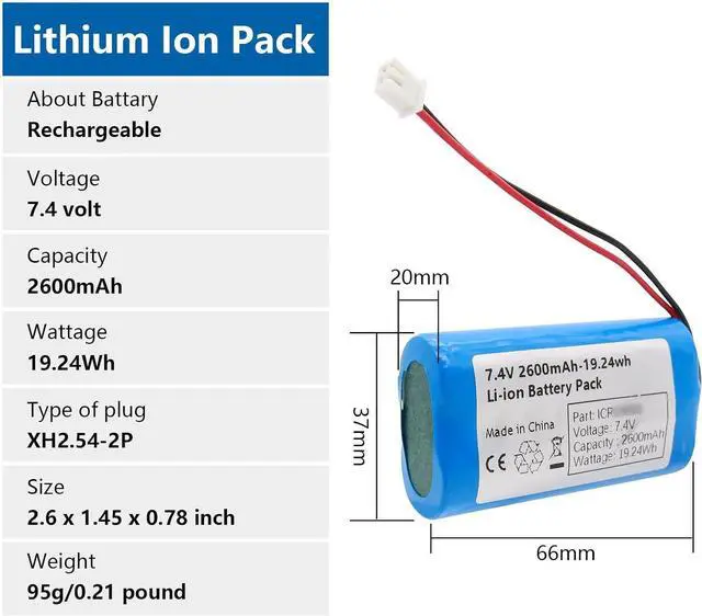Alt view image 2 of 7 - 7.4V 2600mah-19.24Wh Rechargeable Li-ion Battery Pack, Replacement Batteries with XH2.54-2P Connector, for DIY Electronics Products, Toys, Lighting, Equipment