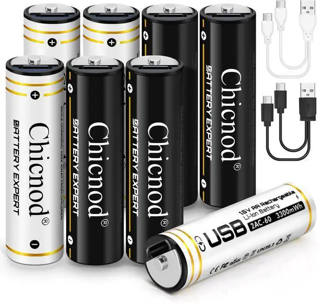 Main image of Rechargeable AA Lithium Batteries 8 Pack with Fast Charger, 3300mWh High Capacity Batteries 1.5V Output Lion Double A Battery, 1.5Hours USB-C Quick Charge AA Rechargeable Batteries