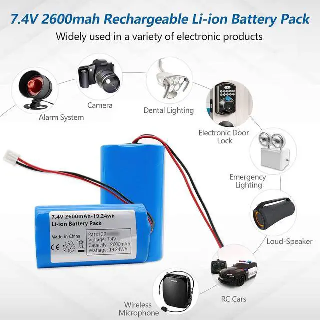 Alt view image 7 of 7 - 7.4V 2600mah-19.24Wh Rechargeable Li-ion Battery Pack, Replacement Batteries with XH2.54-2P Connector, for DIY Electronics Products, Toys, Lighting, Equipment