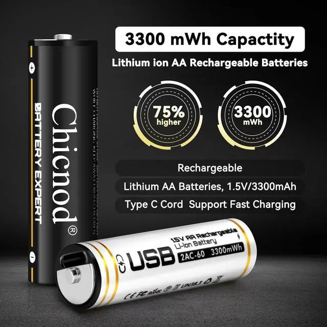 Alt view image 4 of 7 - Rechargeable AA Lithium Batteries 8 Pack with Fast Charger, 3300mWh High Capacity Batteries 1.5V Output Lion Double A Battery, 1.5Hours USB-C Quick Charge AA Rechargeable Batteries