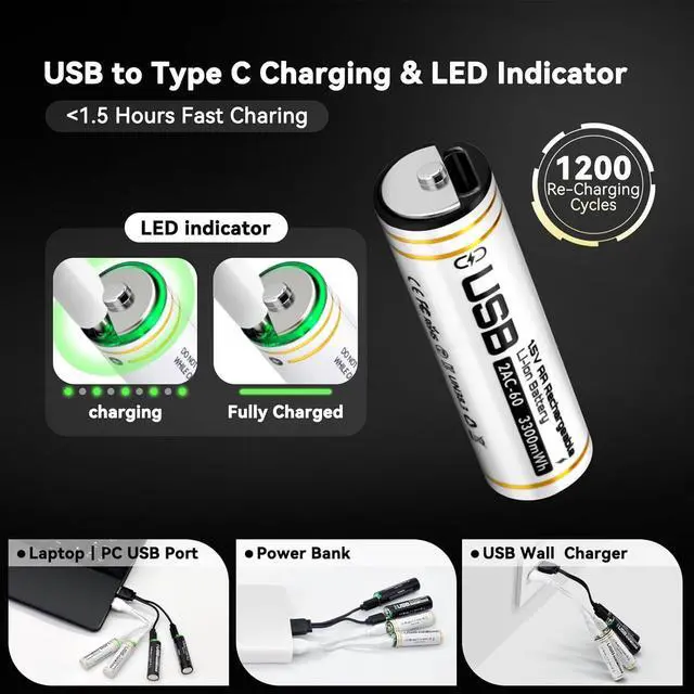 Alt view image 5 of 7 - Rechargeable AA Lithium Batteries 8 Pack with Fast Charger, 3300mWh High Capacity Batteries 1.5V Output Lion Double A Battery, 1.5Hours USB-C Quick Charge AA Rechargeable Batteries