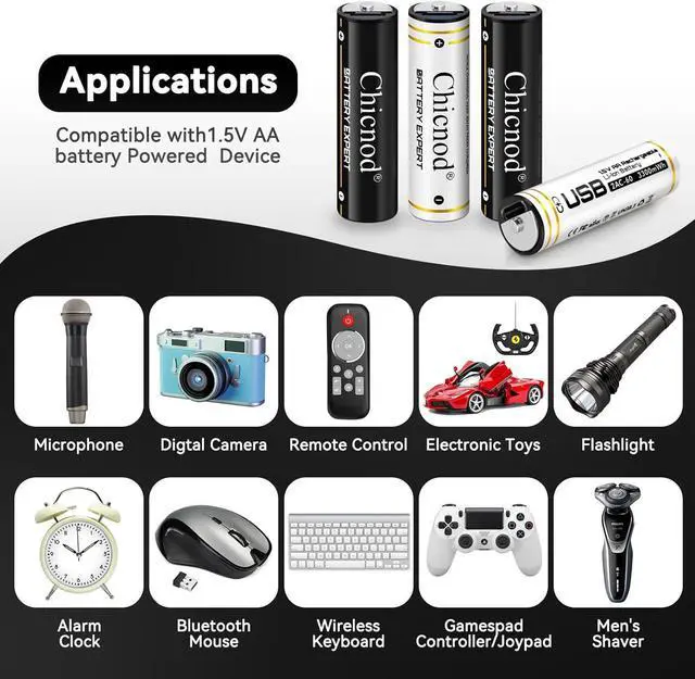 Alt view image 6 of 7 - Rechargeable AA Lithium Batteries 8 Pack with Fast Charger, 3300mWh High Capacity Batteries 1.5V Output Lion Double A Battery, 1.5Hours USB-C Quick Charge AA Rechargeable Batteries
